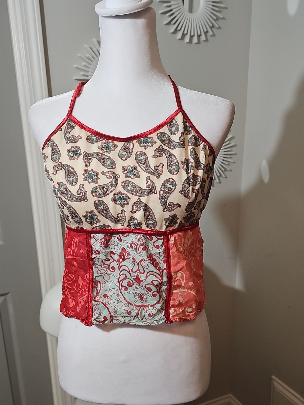 Patchwork Paisley Halter Bandeau Top in Red & Cream